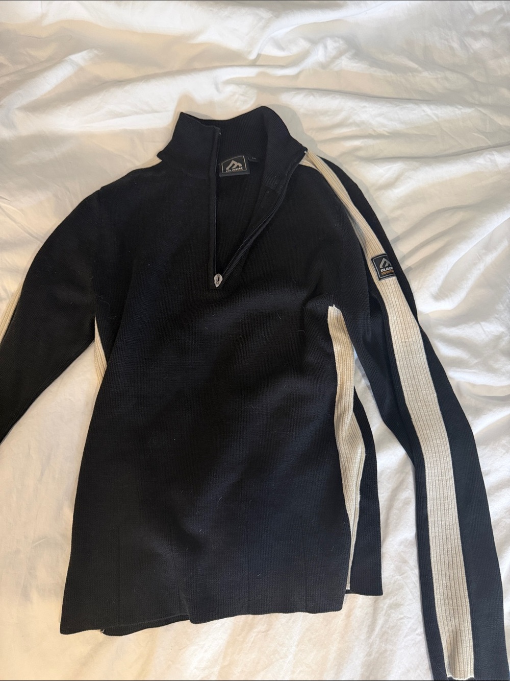 Black Zip-Up Sweater with Cream Sleeve Stripe
